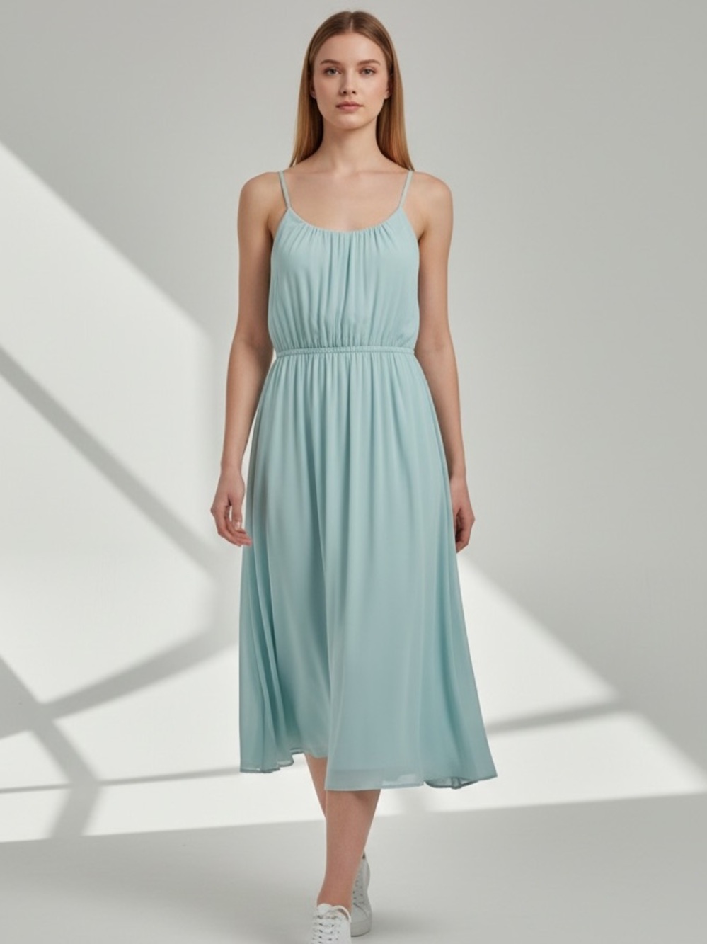 NWT OGL Move Vacay Gathered U-Neck Spaghetti Midi Bra Dress with Pockets Medium